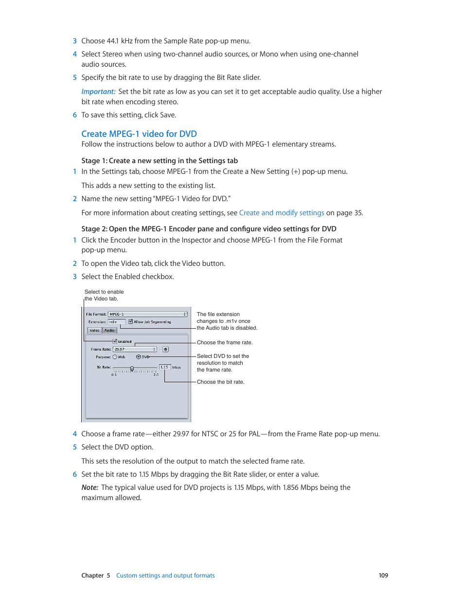 Create mpeg-1 video for dvd, Create mpeg-1 video, For dvd | Apple Compressor (4.0) User Manual | Page 109 / 266