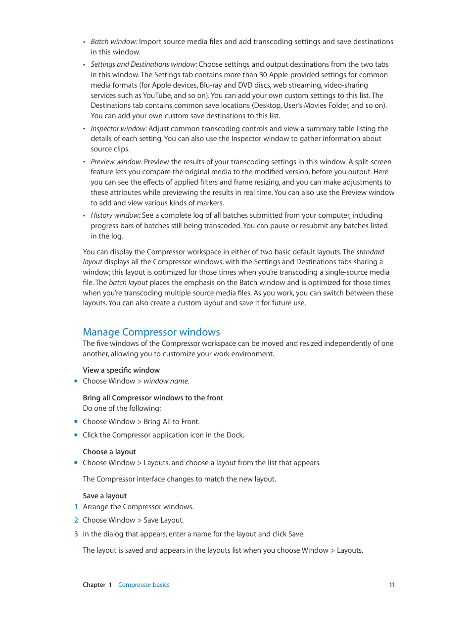 Manage compressor windows, 11 manage compressor windows | Apple Compressor (4.0) User Manual | Page 11 / 266