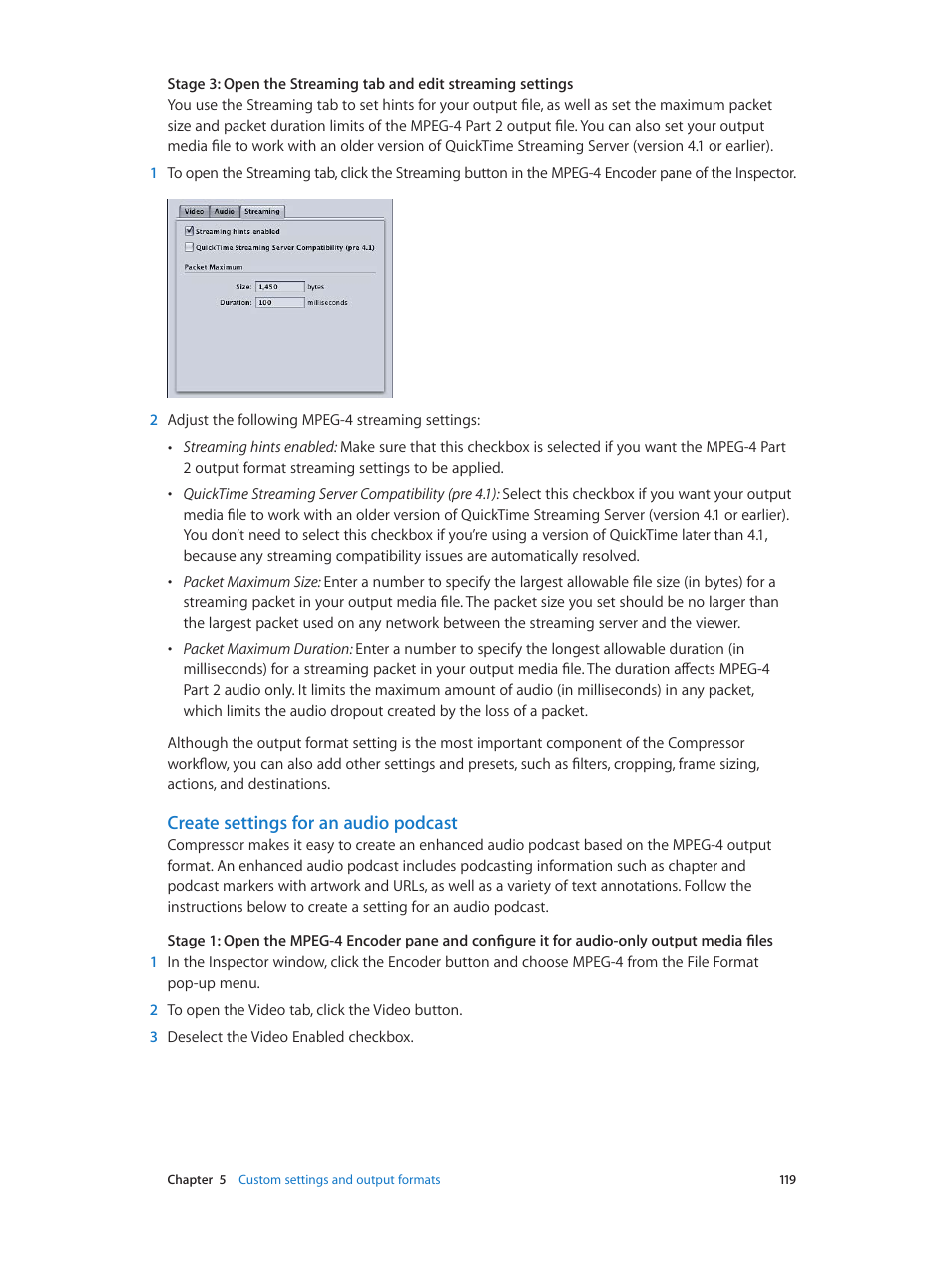 Create settings for an audio podcast | Apple Compressor (4.0) User Manual | Page 119 / 266