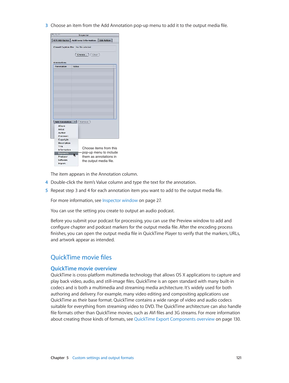Quicktime movie files, Quicktime movie overview, 121 quicktime movie files 121 | Quicktime, Movie overview | Apple Compressor (4.0) User Manual | Page 121 / 266