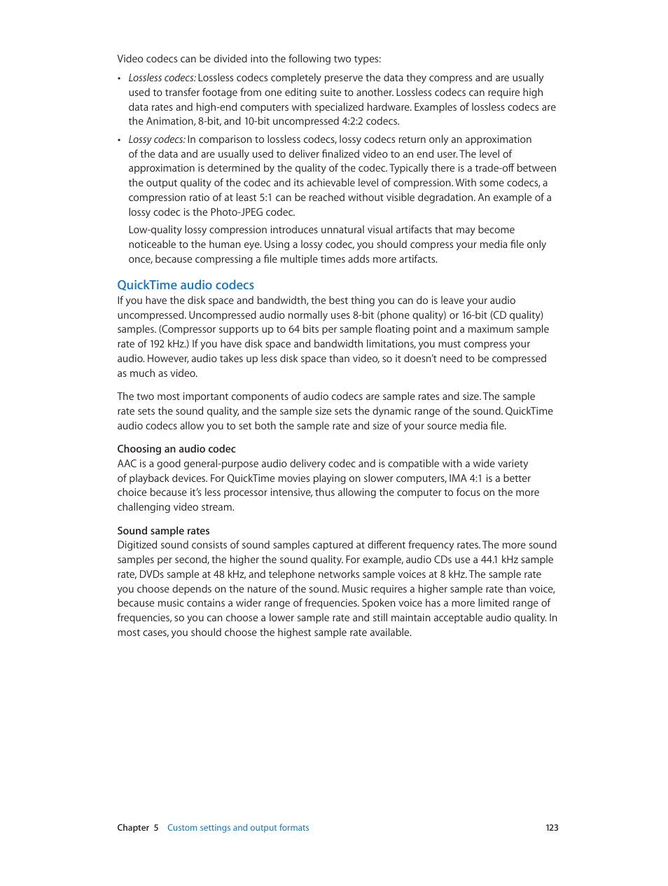 Quicktime audio codecs | Apple Compressor (4.0) User Manual | Page 123 / 266