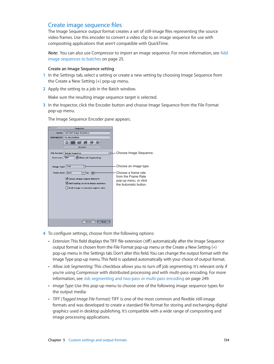 Create image sequence files, 134 create image sequence files, Create | Image sequence files, Create image sequence, Files | Apple Compressor (4.0) User Manual | Page 134 / 266