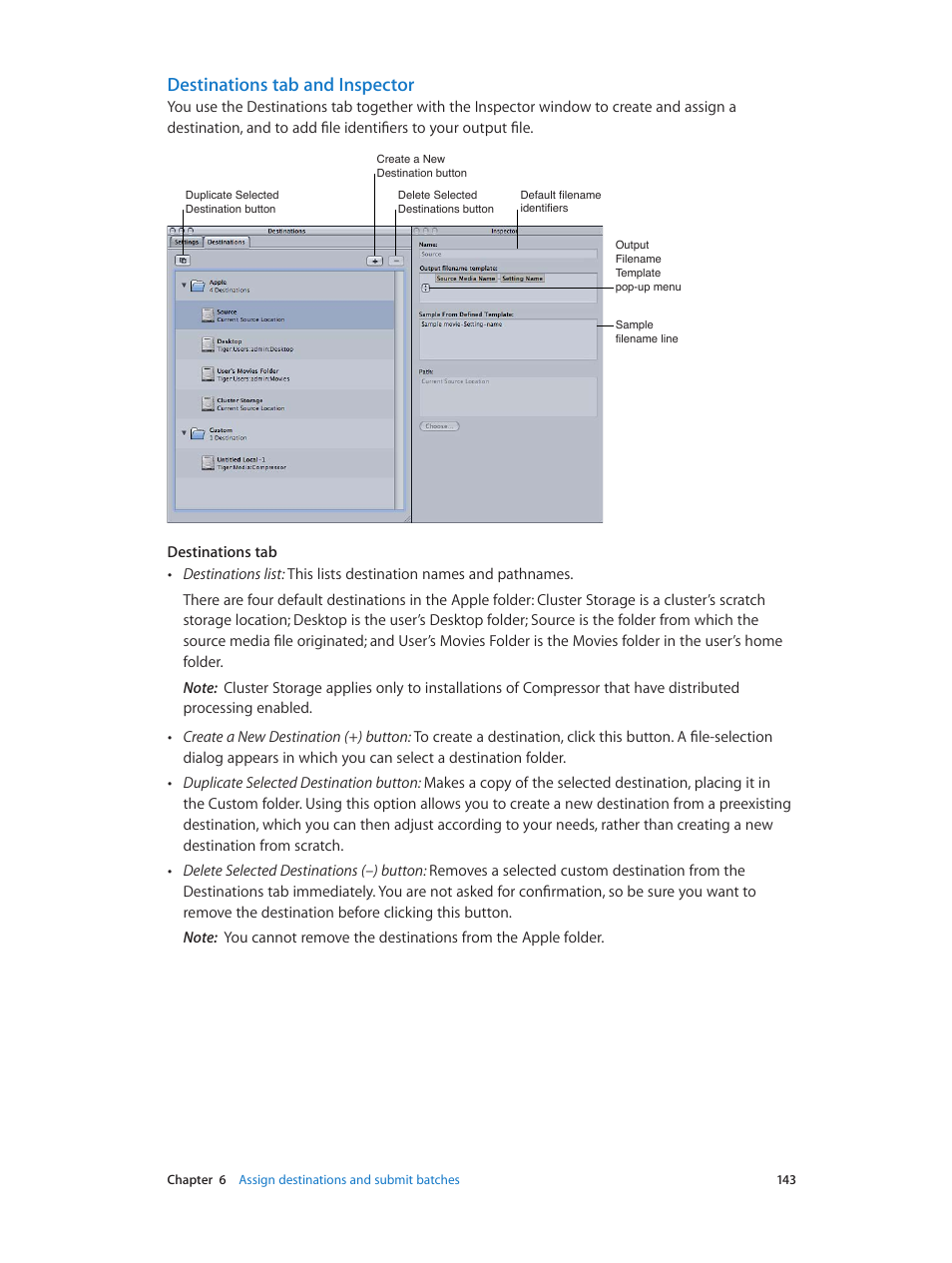 Destinations tab and inspector, Destinations, Tab and inspector | Apple Compressor (4.0) User Manual | Page 143 / 266