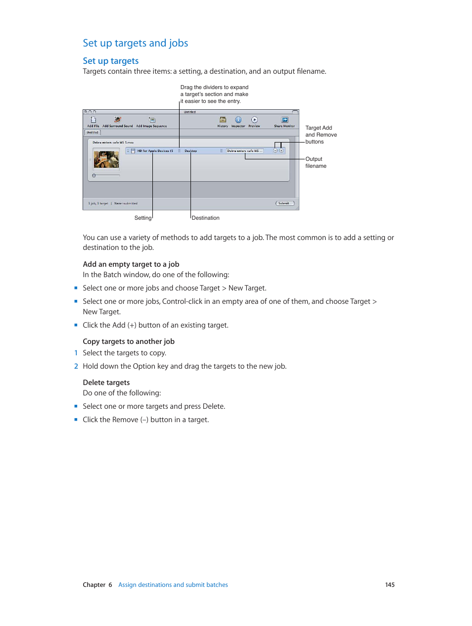 Set up targets and jobs, Set up targets, 145 set up targets and jobs 145 | Apple Compressor (4.0) User Manual | Page 145 / 266