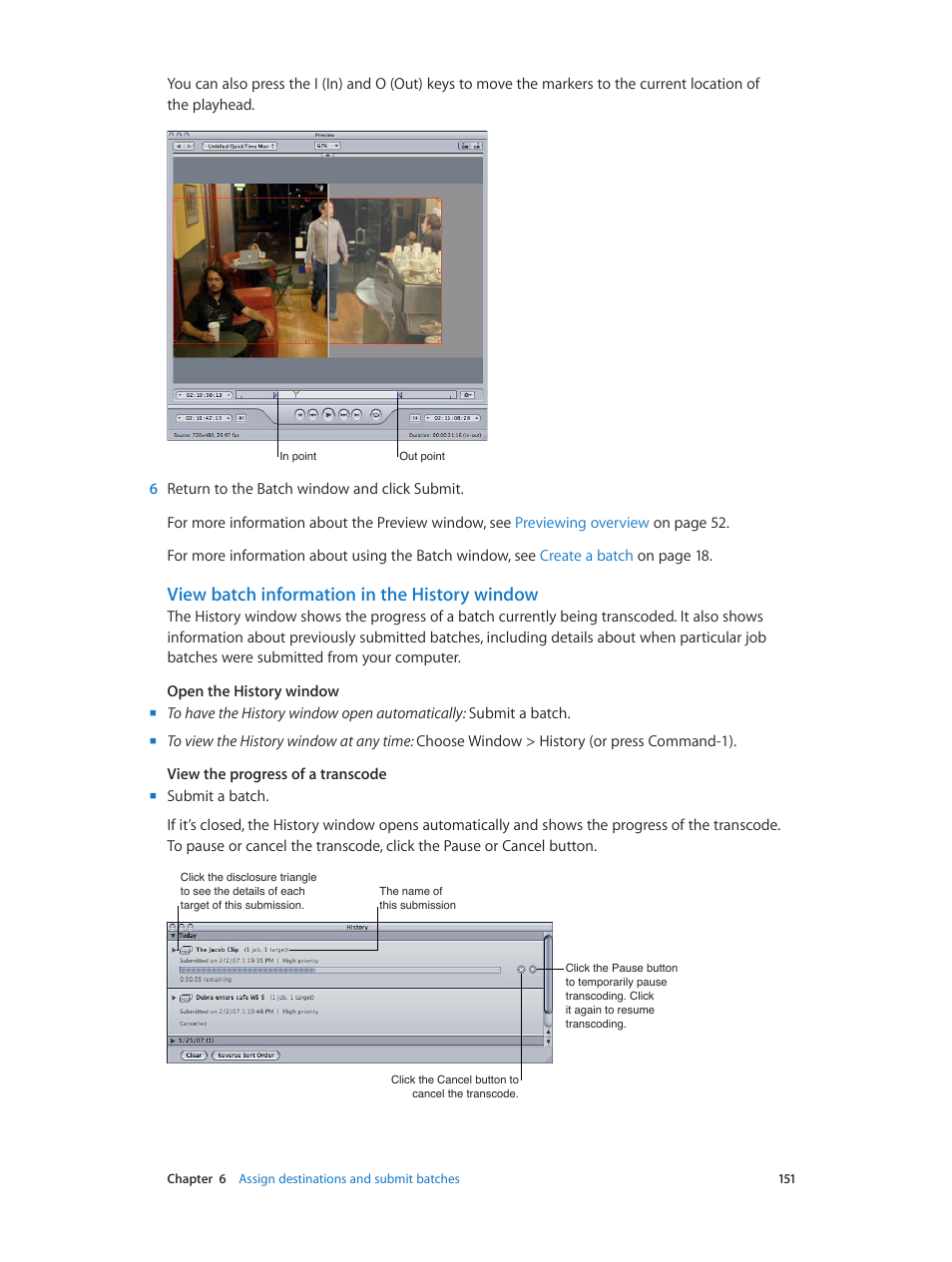 View batch information in the history window, View batch information in the history, Window | Apple Compressor (4.0) User Manual | Page 151 / 266