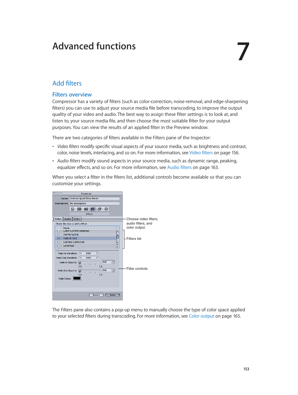 Chapter 7: advanced functions, Add filters, Filters overview | 153 add filters 153, Advanced functions | Apple Compressor (4.0) User Manual | Page 153 / 266