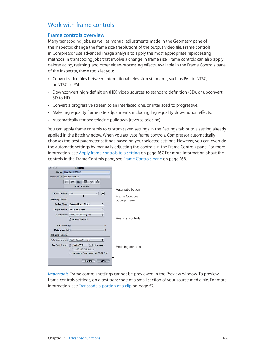 Work with frame controls, Frame controls overview, 166 work with frame controls 166 | Frame, Controls overview | Apple Compressor (4.0) User Manual | Page 166 / 266