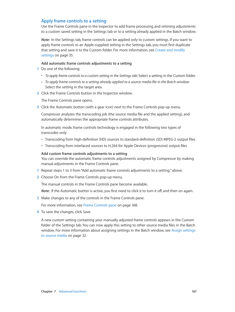 Apply frame controls to a setting | Apple Compressor (4.0) User Manual | Page 167 / 266