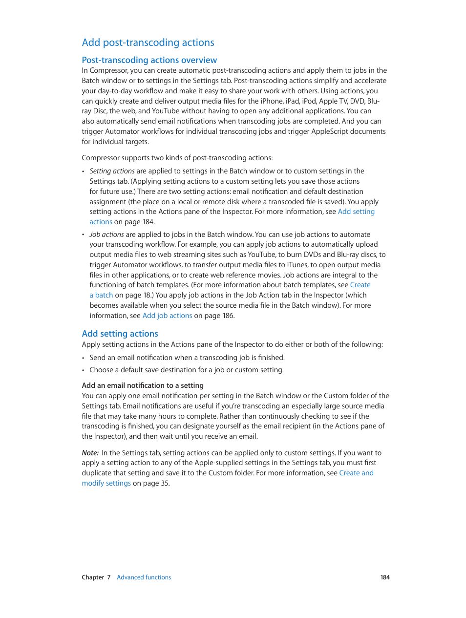 Add post-transcoding actions, Post-transcoding actions overview, Add setting actions | 184 add post-transcoding actions 184, 184 and | Apple Compressor (4.0) User Manual | Page 184 / 266