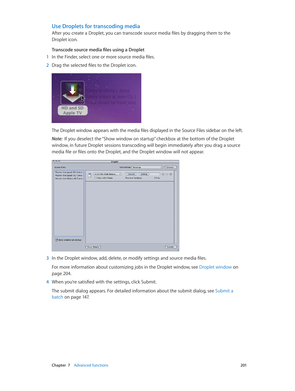 Use droplets for transcoding media | Apple Compressor (4.0) User Manual | Page 201 / 266