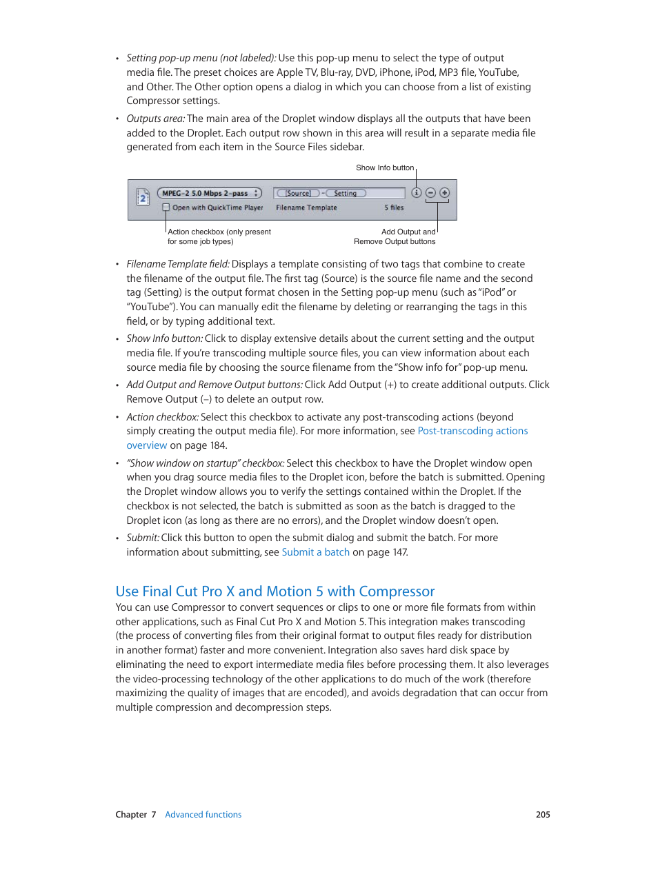 Use final cut pro x and motion 5 with compressor | Apple Compressor (4.0) User Manual | Page 205 / 266