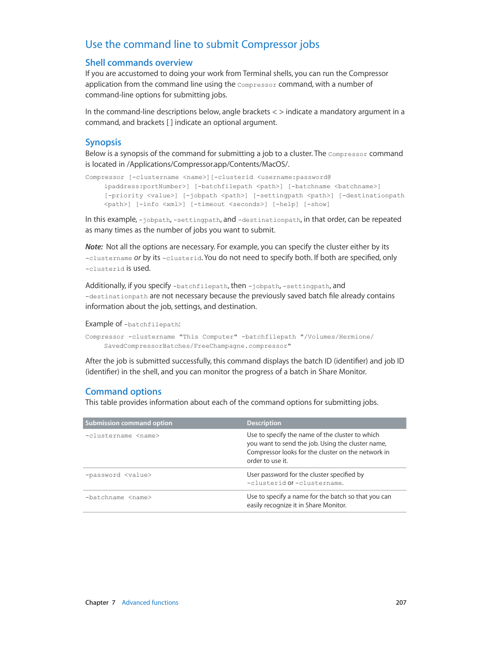 Use the command line to submit compressor jobs, Shell commands overview, Synopsis | Command options | Apple Compressor (4.0) User Manual | Page 207 / 266