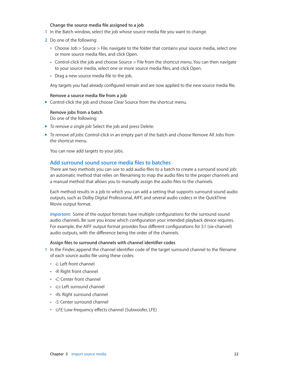 Add surround sound source media files to batches | Apple Compressor (4.0) User Manual | Page 22 / 266