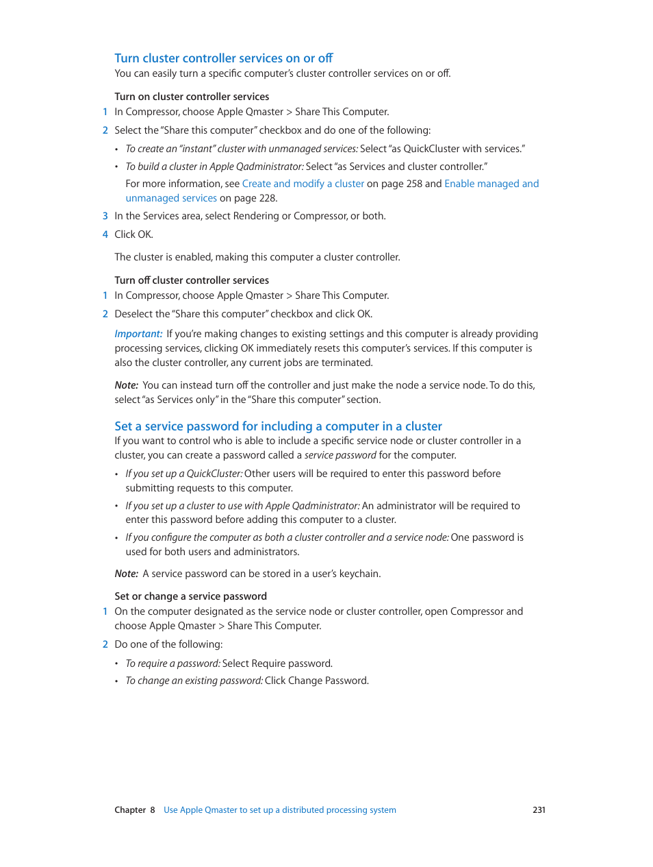 Turn cluster controller services on or off | Apple Compressor (4.0) User Manual | Page 231 / 266