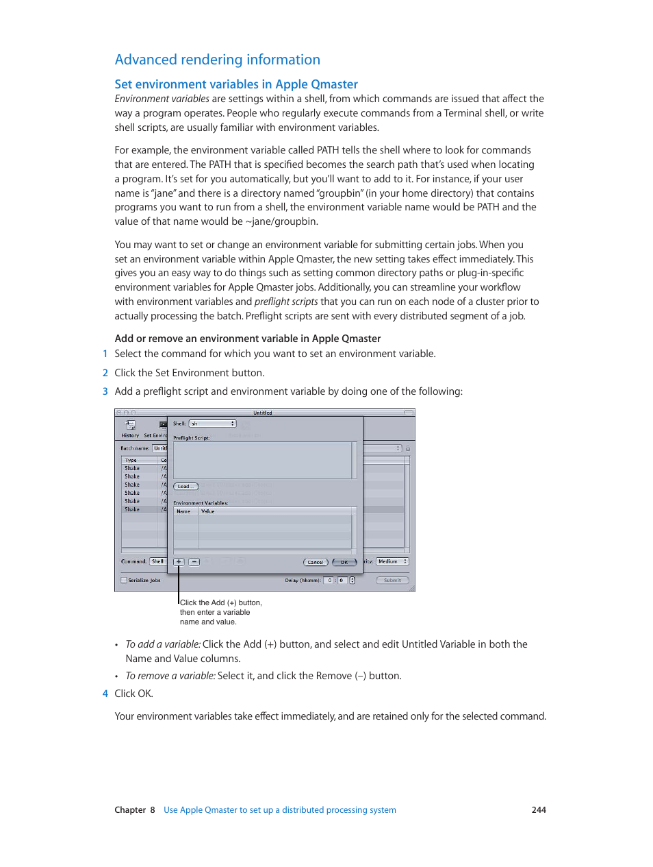 Advanced rendering information, Set environment variables in apple qmaster, 244 advanced rendering information 244 | Apple Compressor (4.0) User Manual | Page 244 / 266