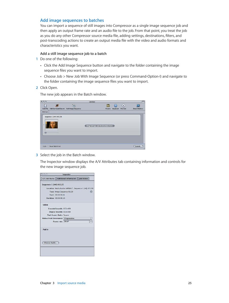 Add image sequences to batches | Apple Compressor (4.0) User Manual | Page 25 / 266