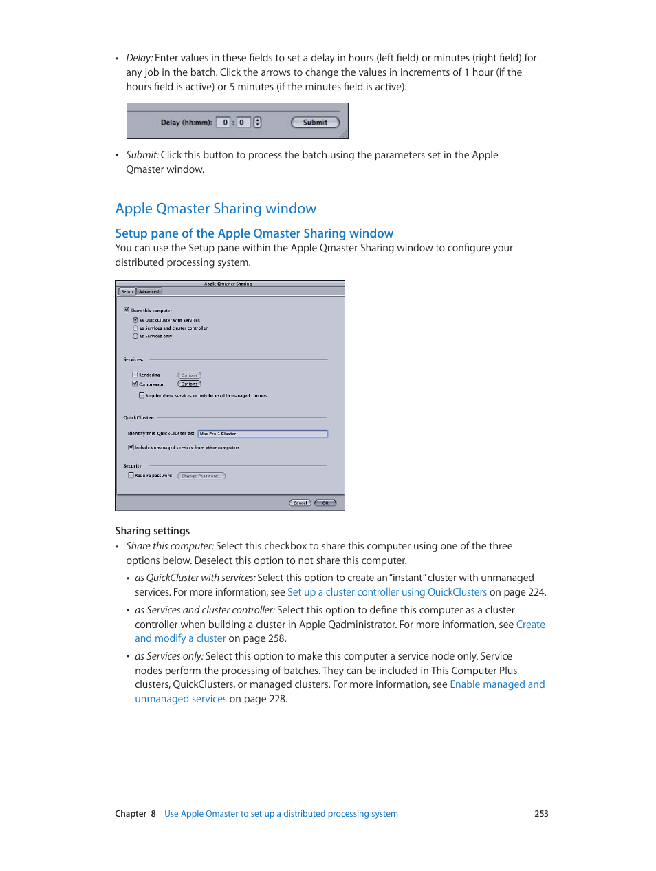 Apple qmaster sharing window, Setup pane of the apple qmaster sharing window, 253 apple qmaster sharing window 253 | Setup pane of the apple, Qmaster sharing window, 253 and, Setup pane of the apple qmaster sharing, Window | Apple Compressor (4.0) User Manual | Page 253 / 266