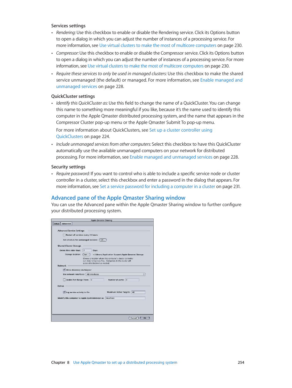 Advanced pane of the apple qmaster sharing window, Advanced pane of the apple qmaster sharing, Window | Advanced pane of the apple qmaster, Sharing window, Advanced pane, Of the apple qmaster sharing window | Apple Compressor (4.0) User Manual | Page 254 / 266