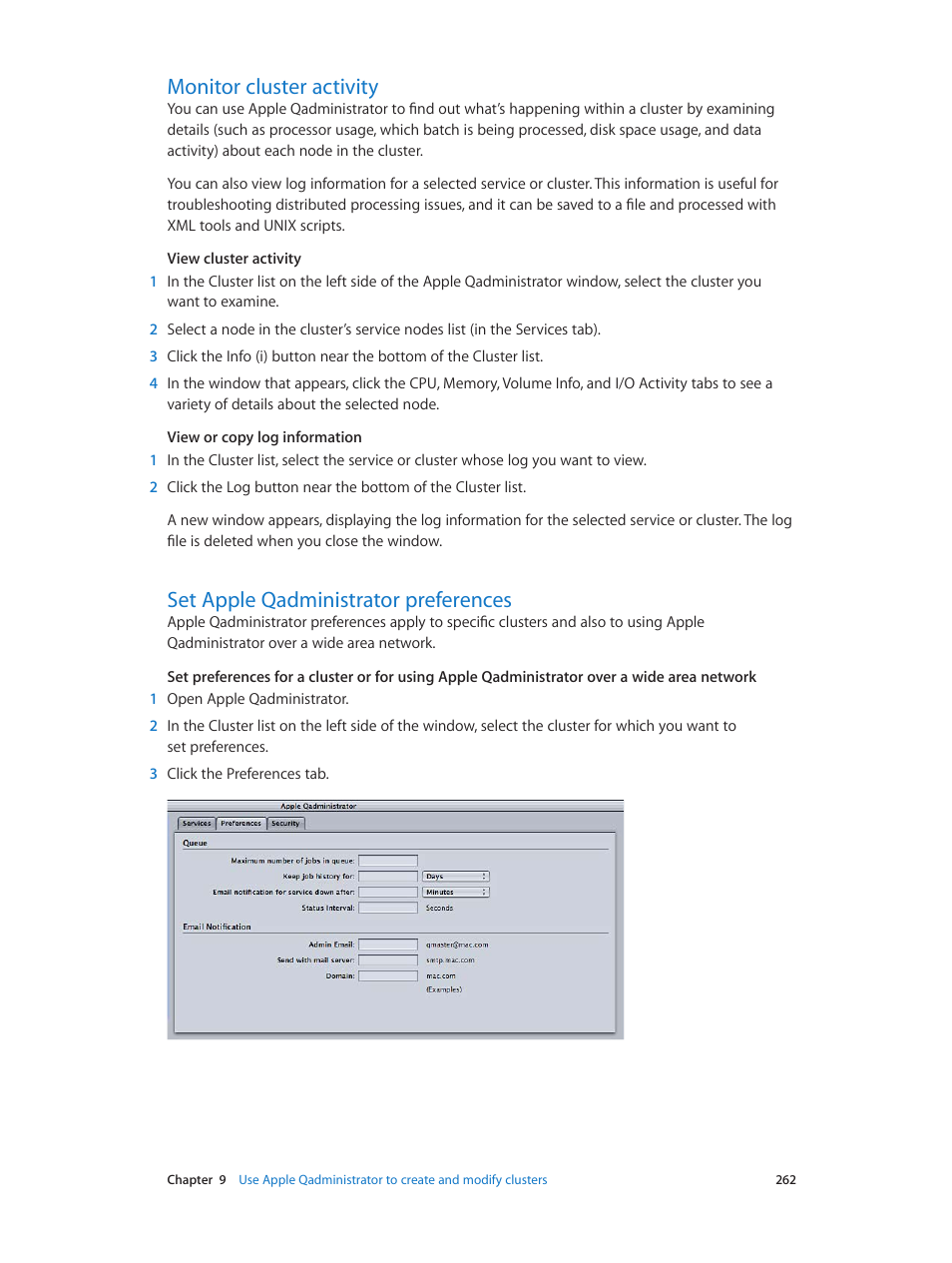 Monitor cluster activity, Set apple qadministrator preferences | Apple Compressor (4.0) User Manual | Page 262 / 266
