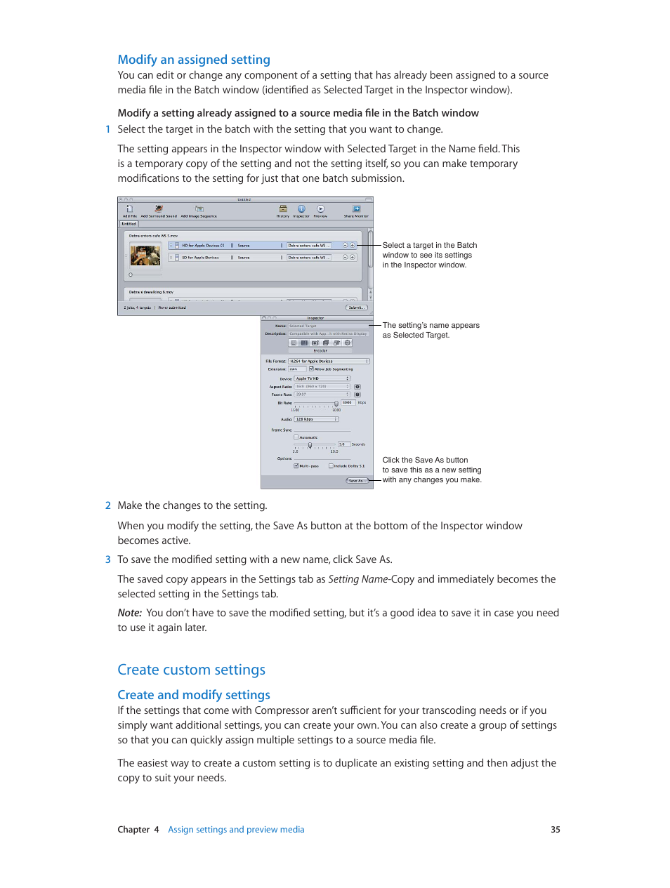 Modify an assigned setting, Create custom settings, Create and modify settings | 35 create custom settings 35 | Apple Compressor (4.0) User Manual | Page 35 / 266