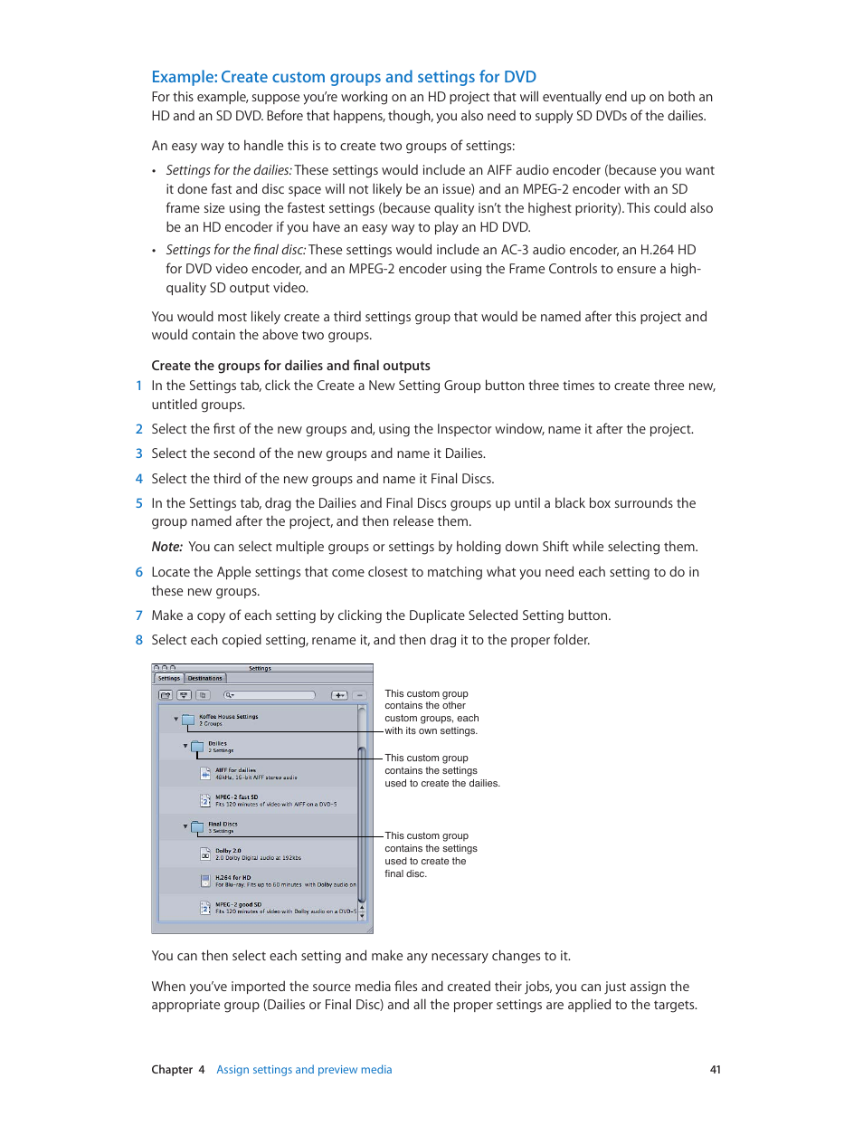 Example: create custom groups and settings for dvd | Apple Compressor (4.0) User Manual | Page 41 / 266