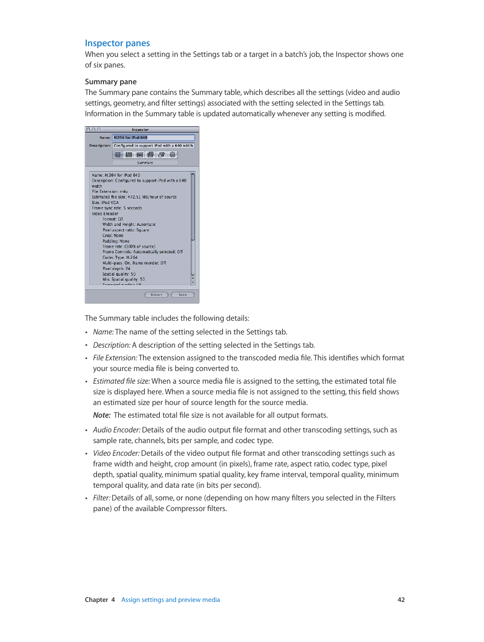 Inspector panes | Apple Compressor (4.0) User Manual | Page 42 / 266