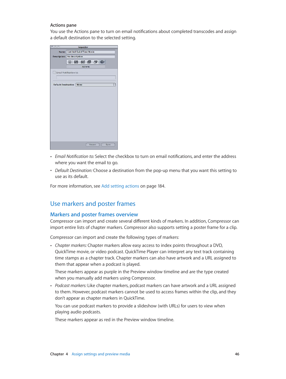 Use markers and poster frames, Markers and poster frames overview, 46 use markers and poster frames 46 | Apple Compressor (4.0) User Manual | Page 46 / 266