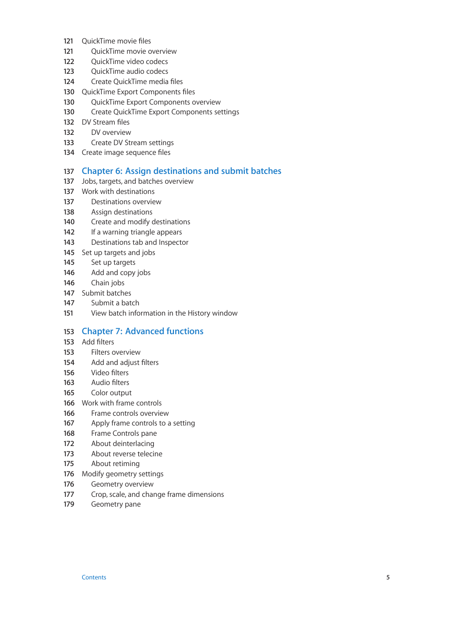 Chapter 6: assign destinations and submit batches, Chapter 7: advanced functions | Apple Compressor (4.0) User Manual | Page 5 / 266