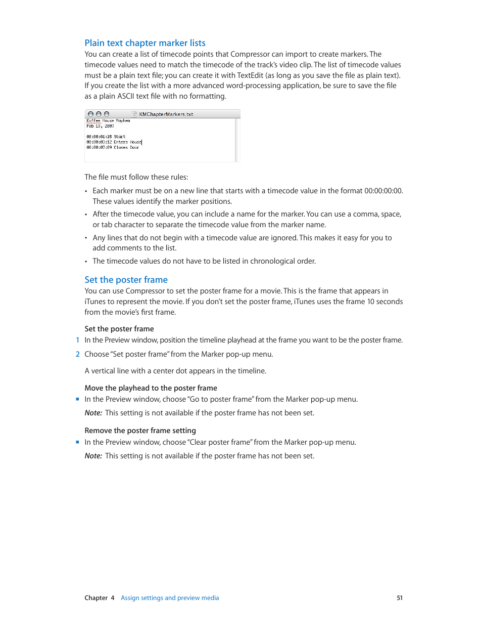 Plain text chapter marker lists, Set the poster frame | Apple Compressor (4.0) User Manual | Page 51 / 266