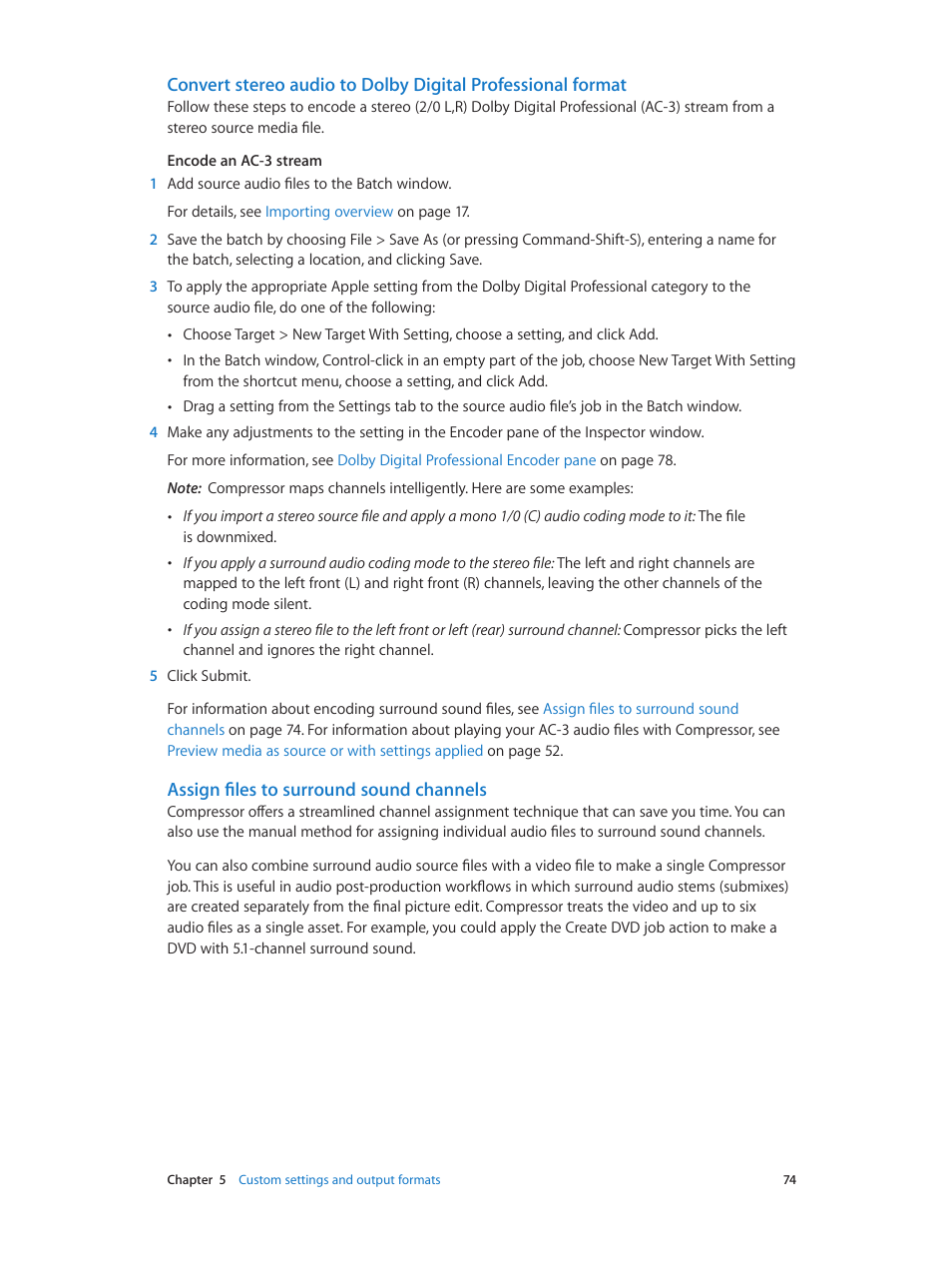 Assign files to surround sound channels | Apple Compressor (4.0) User Manual | Page 74 / 266