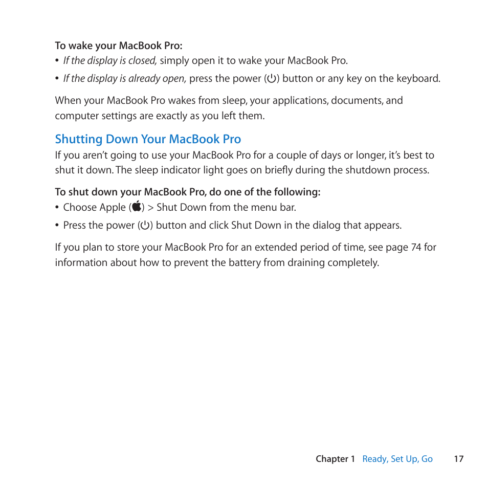 Shutting down your macbook pro | Apple MacBook Pro (15-inch, Late 2011) User Manual | Page 17 / 88