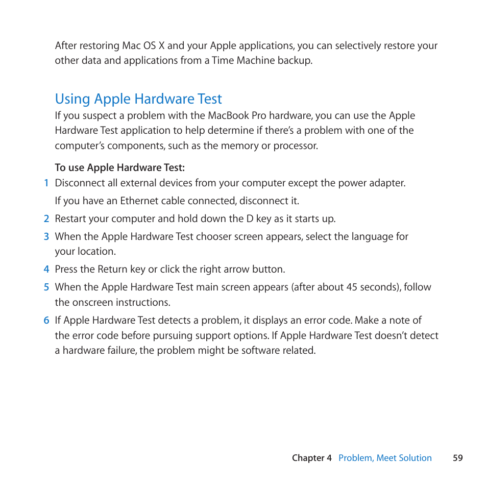 Using apple hardware test, 59 using apple hardware test | Apple MacBook Pro (15-inch, Late 2011) User Manual | Page 59 / 88