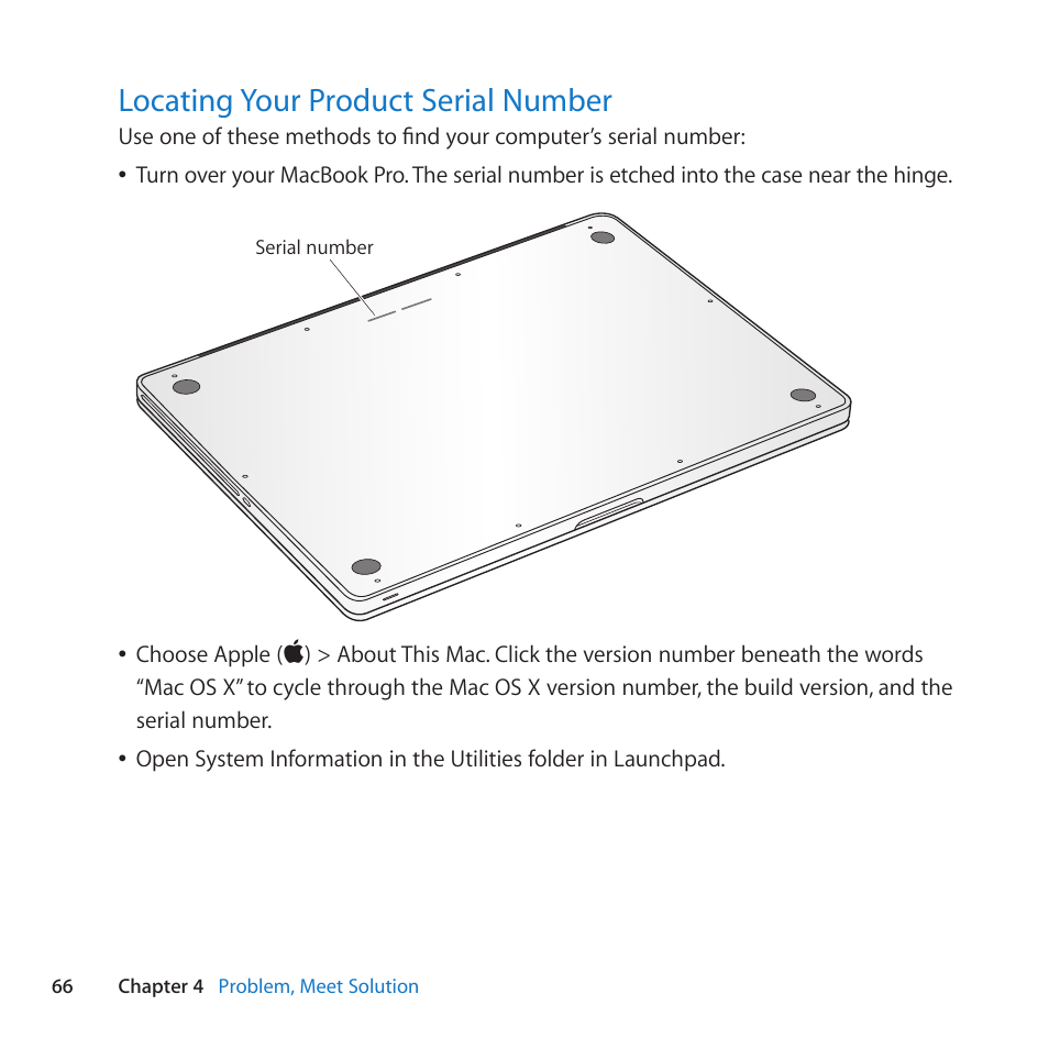 Locating your product serial number, 66 locating your product serial number | Apple MacBook Pro (15-inch, Late 2011) User Manual | Page 66 / 88