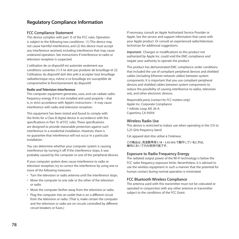 Regulatory compliance information, 78 regulatory compliance information | Apple MacBook Pro (15-inch, Late 2011) User Manual | Page 78 / 88