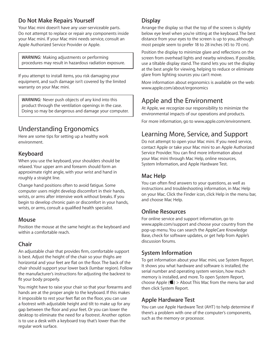 Apple and the environment, Learning more, service, and support, Understanding ergonomics | Apple Mac mini (Late 2014) User Manual | Page 3 / 8