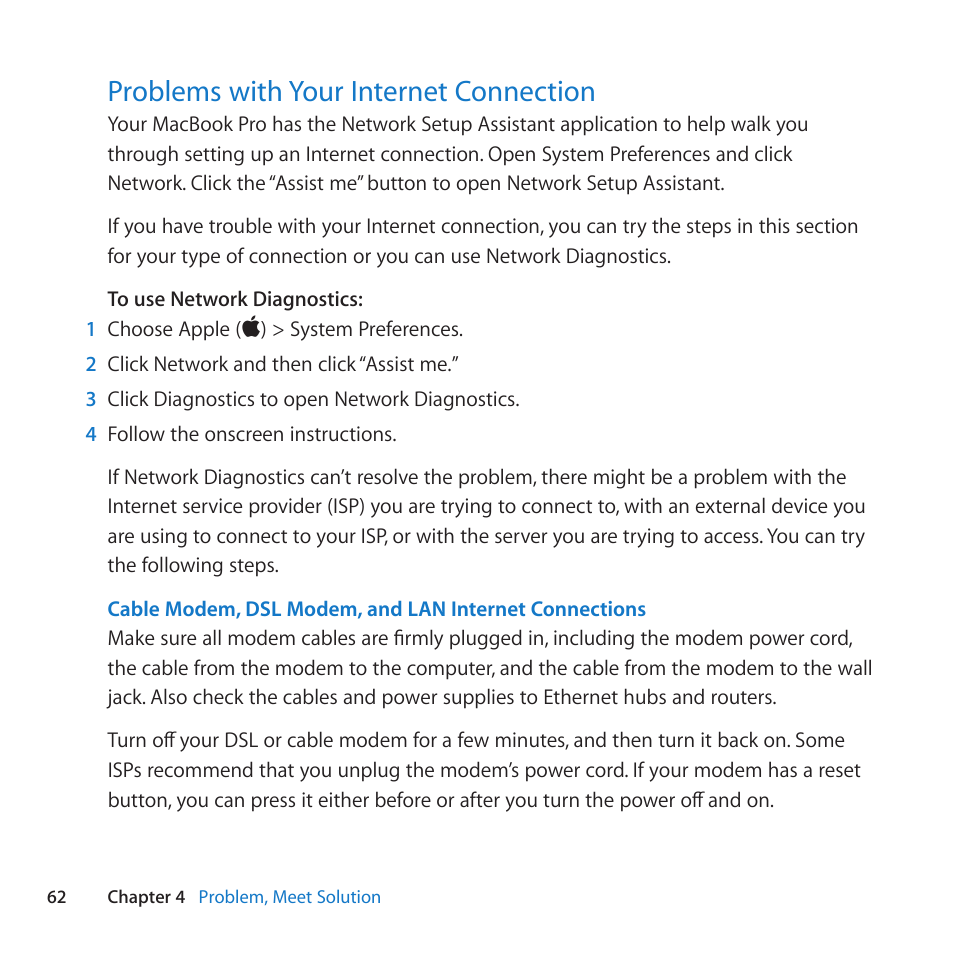 Problems with your internet connection, 62 problems with your internet connection | Apple MacBook Pro (17-inch, Late 2011) User Manual | Page 62 / 92