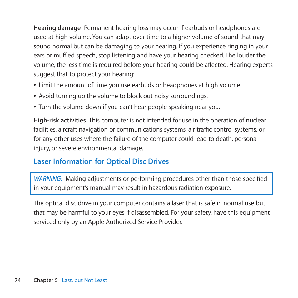 Laser information for optical disc drives | Apple MacBook Pro (17-inch, Late 2011) User Manual | Page 74 / 92