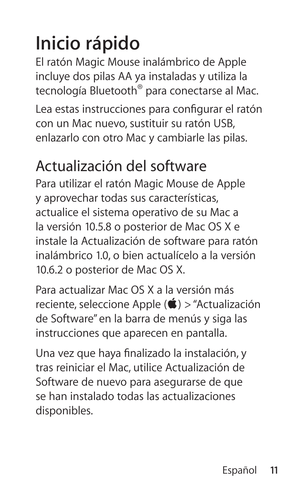 Inicio rápido, Actualización del software | Apple Magic Mouse User Manual | Page 11 / 48