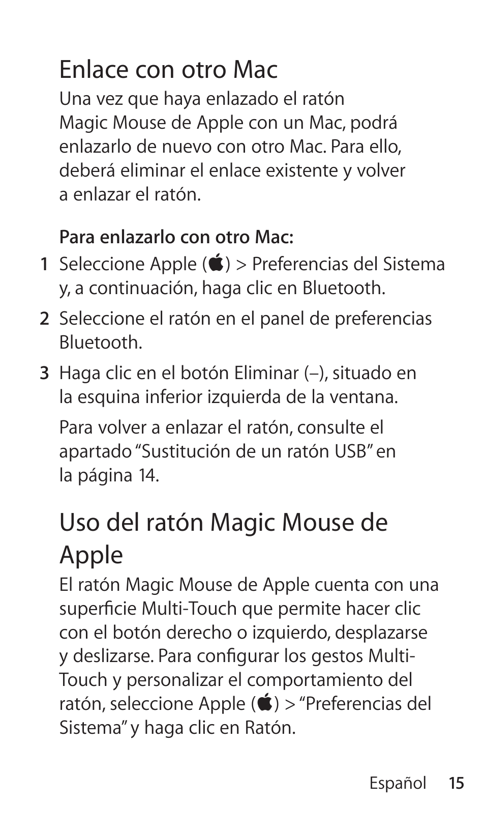 Enlace con otro mac, Uso del ratón magic mouse de apple | Apple Magic Mouse User Manual | Page 15 / 48