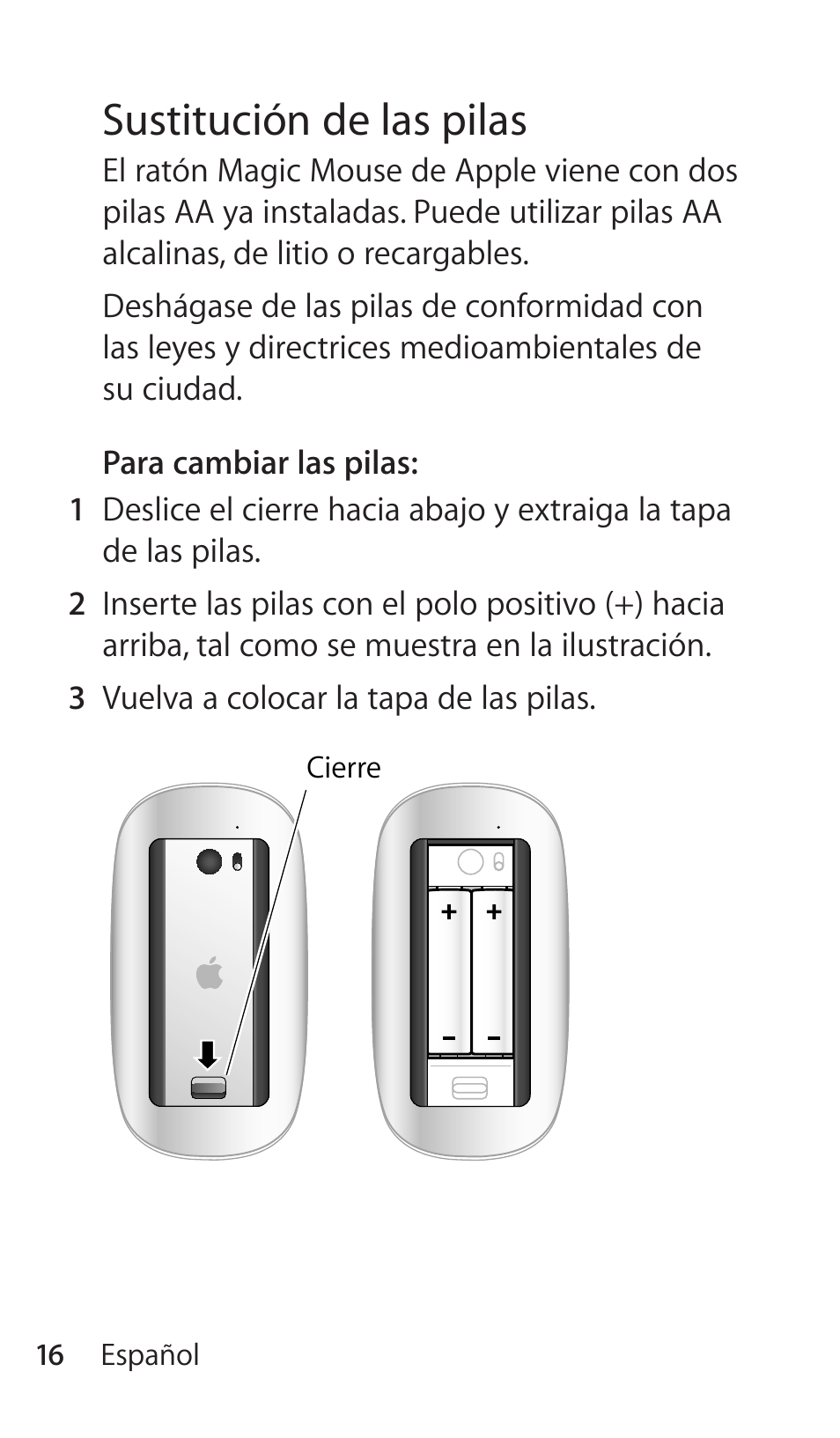 Sustitución de las pilas | Apple Magic Mouse User Manual | Page 16 / 48