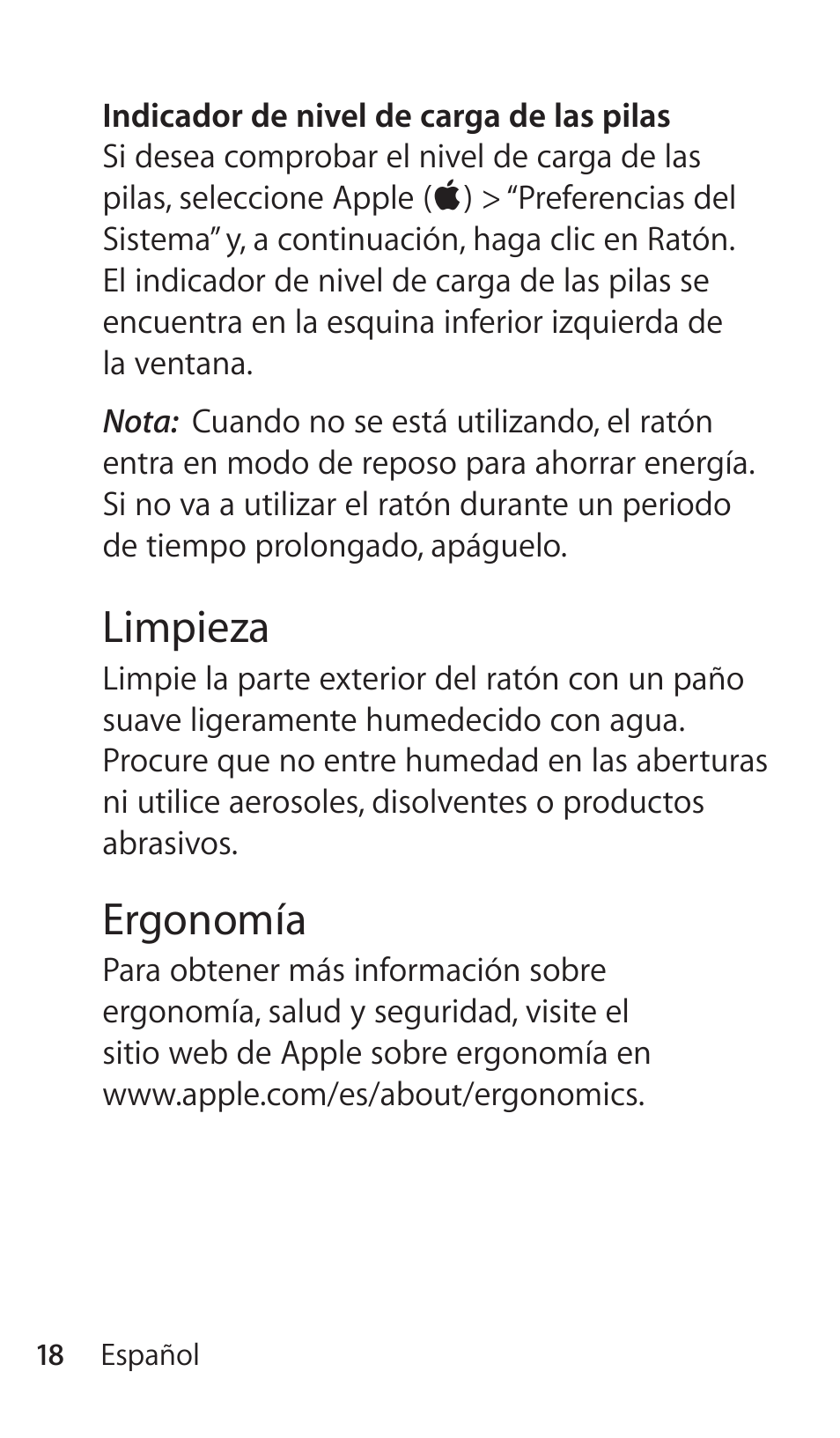 Limpieza, Ergonomía | Apple Magic Mouse User Manual | Page 18 / 48