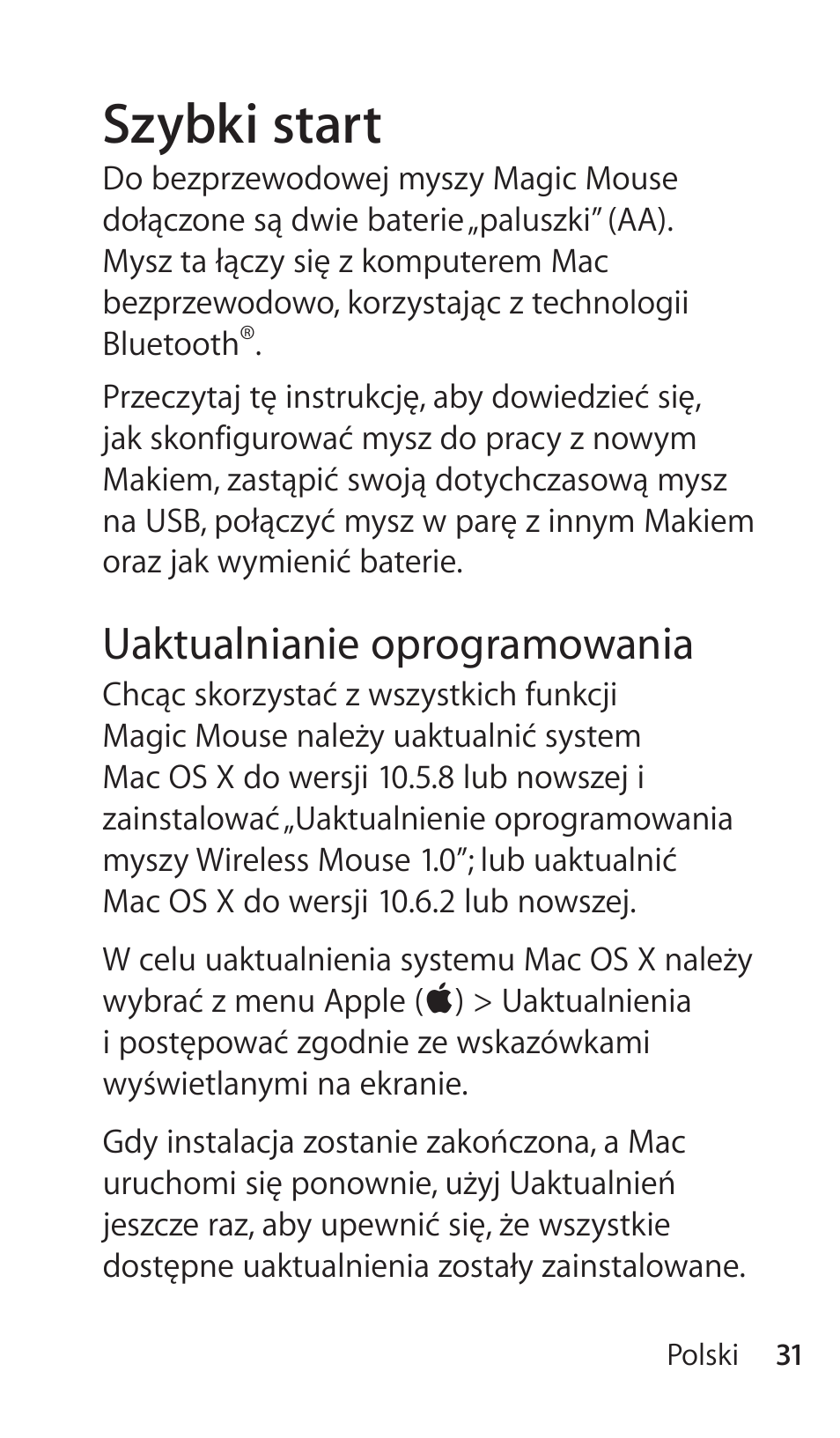 Szybki start, Uaktualnianie oprogramowania | Apple Magic Mouse User Manual | Page 31 / 48