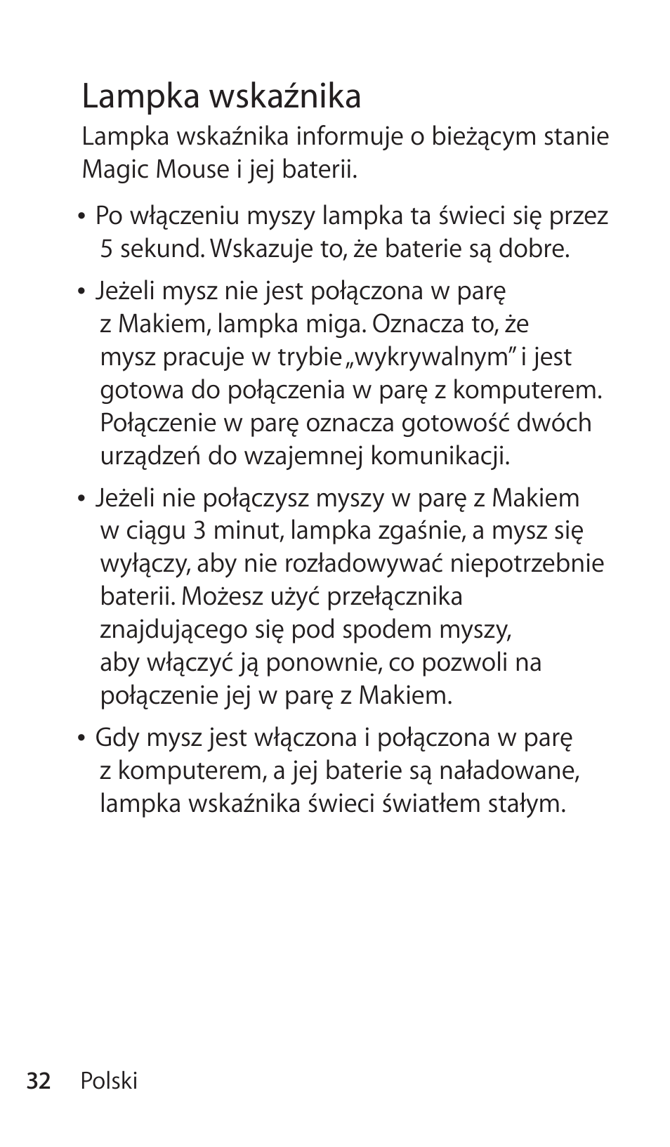 Lampka wskaźnika | Apple Magic Mouse User Manual | Page 32 / 48