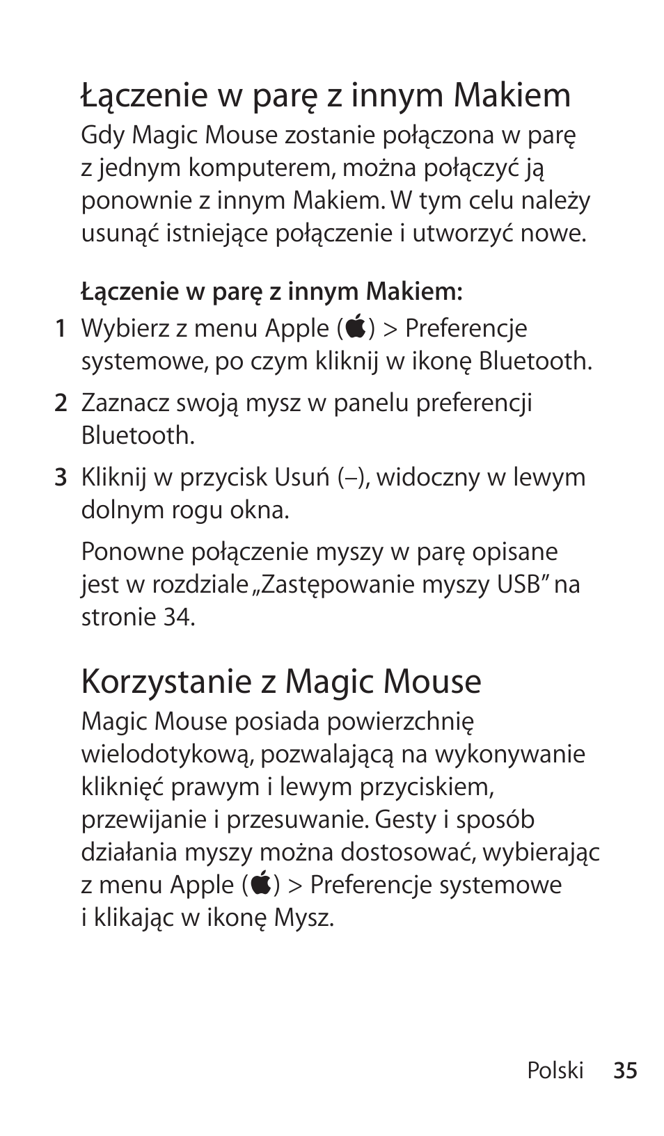 Łączenie w parę z innym makiem, Korzystanie z magic mouse | Apple Magic Mouse User Manual | Page 35 / 48