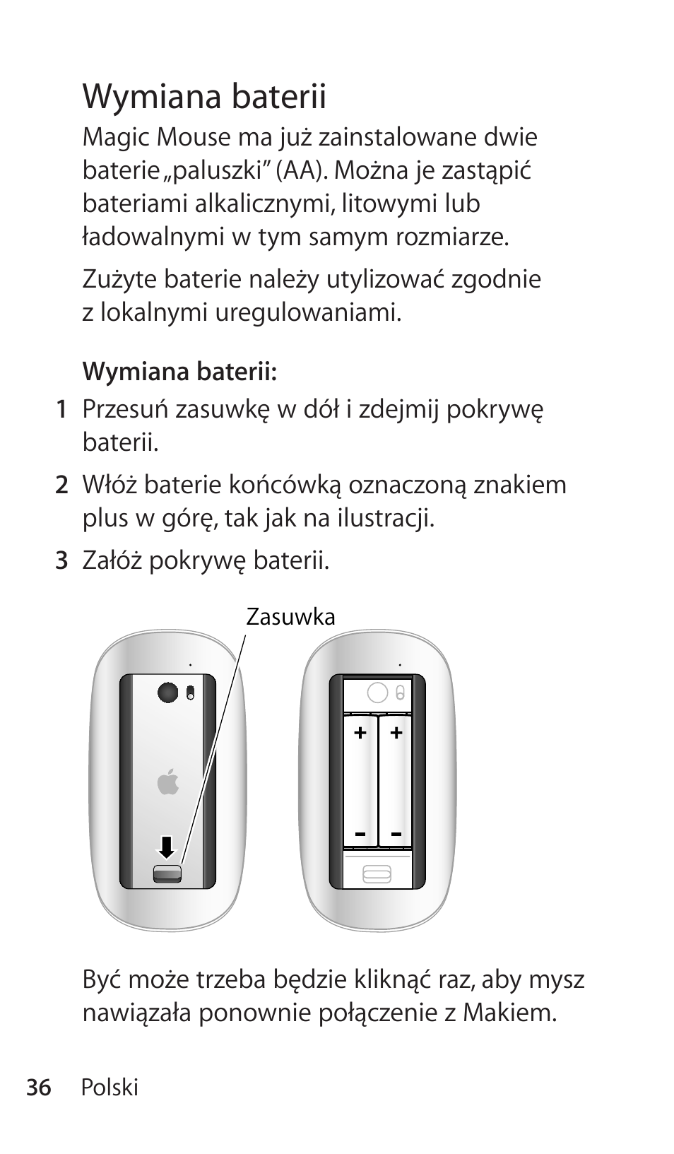 Wymiana baterii | Apple Magic Mouse User Manual | Page 36 / 48