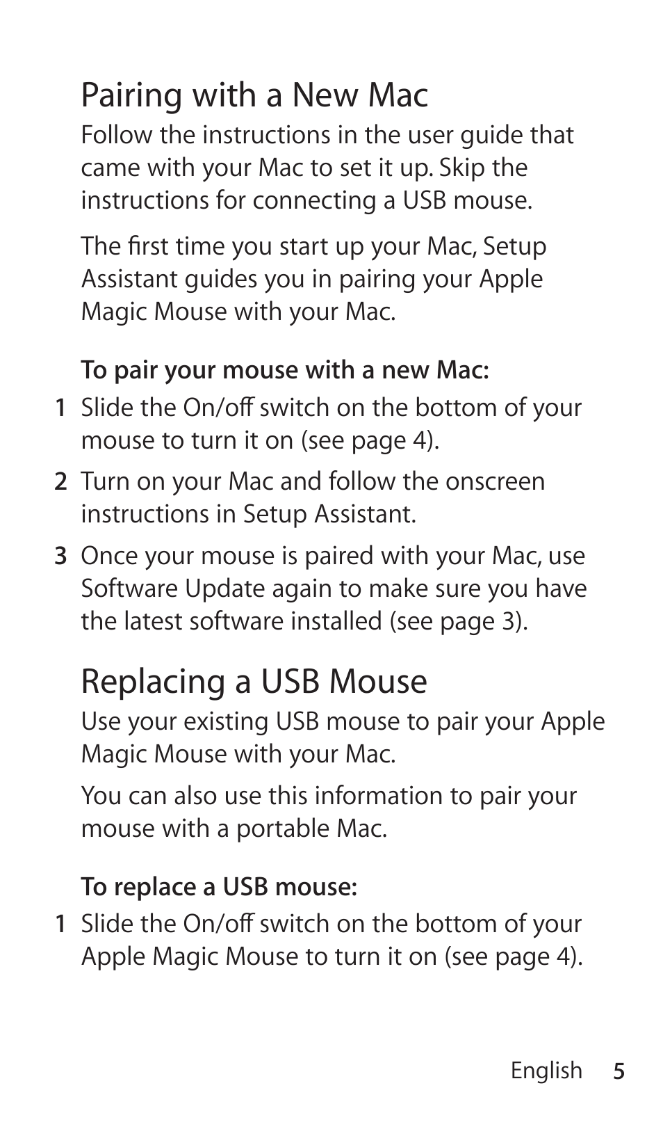 Pairing with a new mac, Replacing a usb mouse | Apple Magic Mouse User Manual | Page 5 / 48