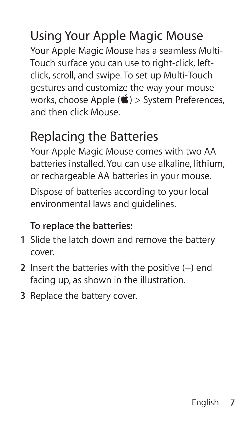 Using your apple magic mouse, Replacing the batteries | Apple Magic Mouse User Manual | Page 7 / 48