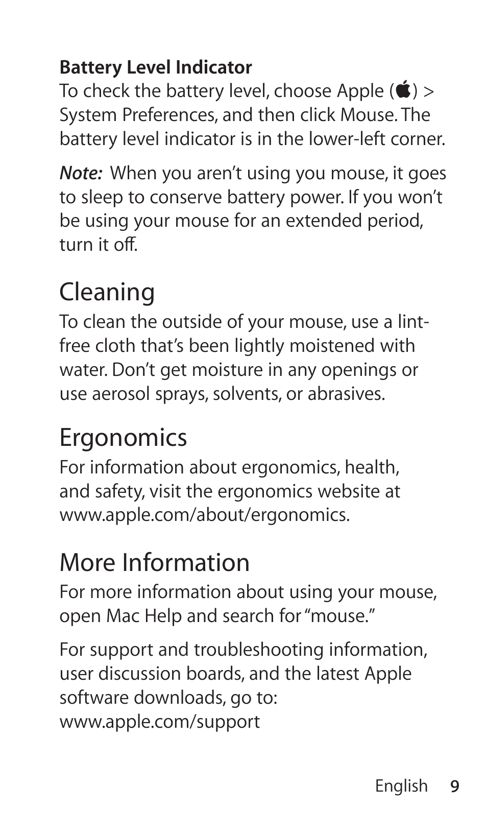 Cleaning, Ergonomics, More information | Apple Magic Mouse User Manual | Page 9 / 48