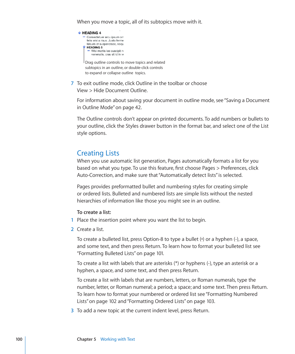Creating lists, 100 creating lists | Apple Pages '09 User Manual | Page 100 / 279