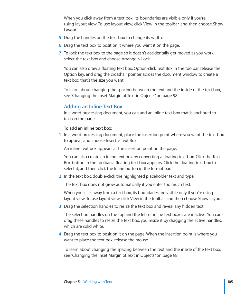 Adding an inline text box | Apple Pages '09 User Manual | Page 105 / 279